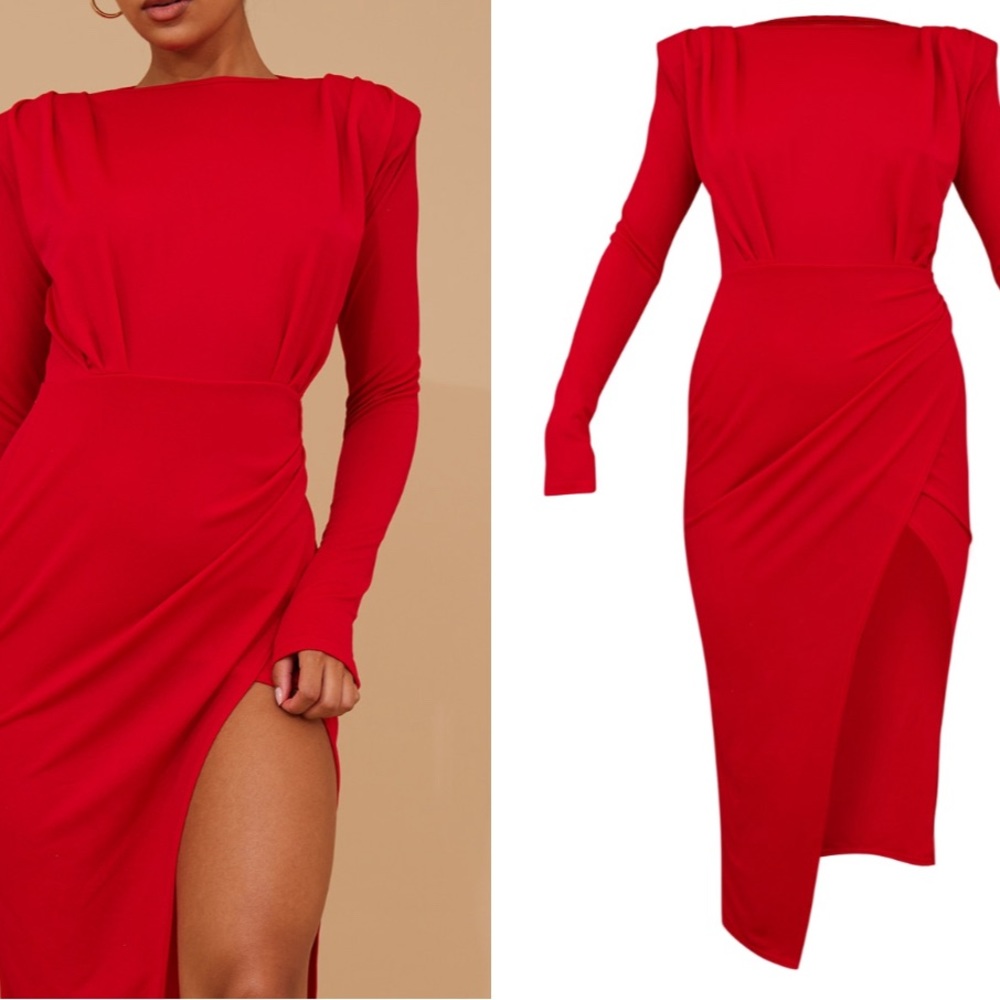 Pretty little thing Red Shoulder Pad Long Sleeve Midaxi Dress